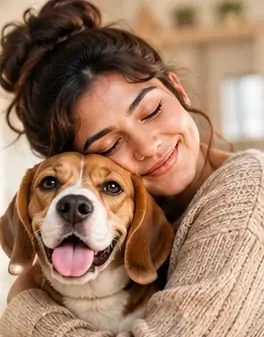 Illustrative pet-parent scene with a beagle